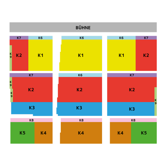 Schematische Darstellung der Sitzplätze, farblich unterteilt in die Sitzplatzkategorien