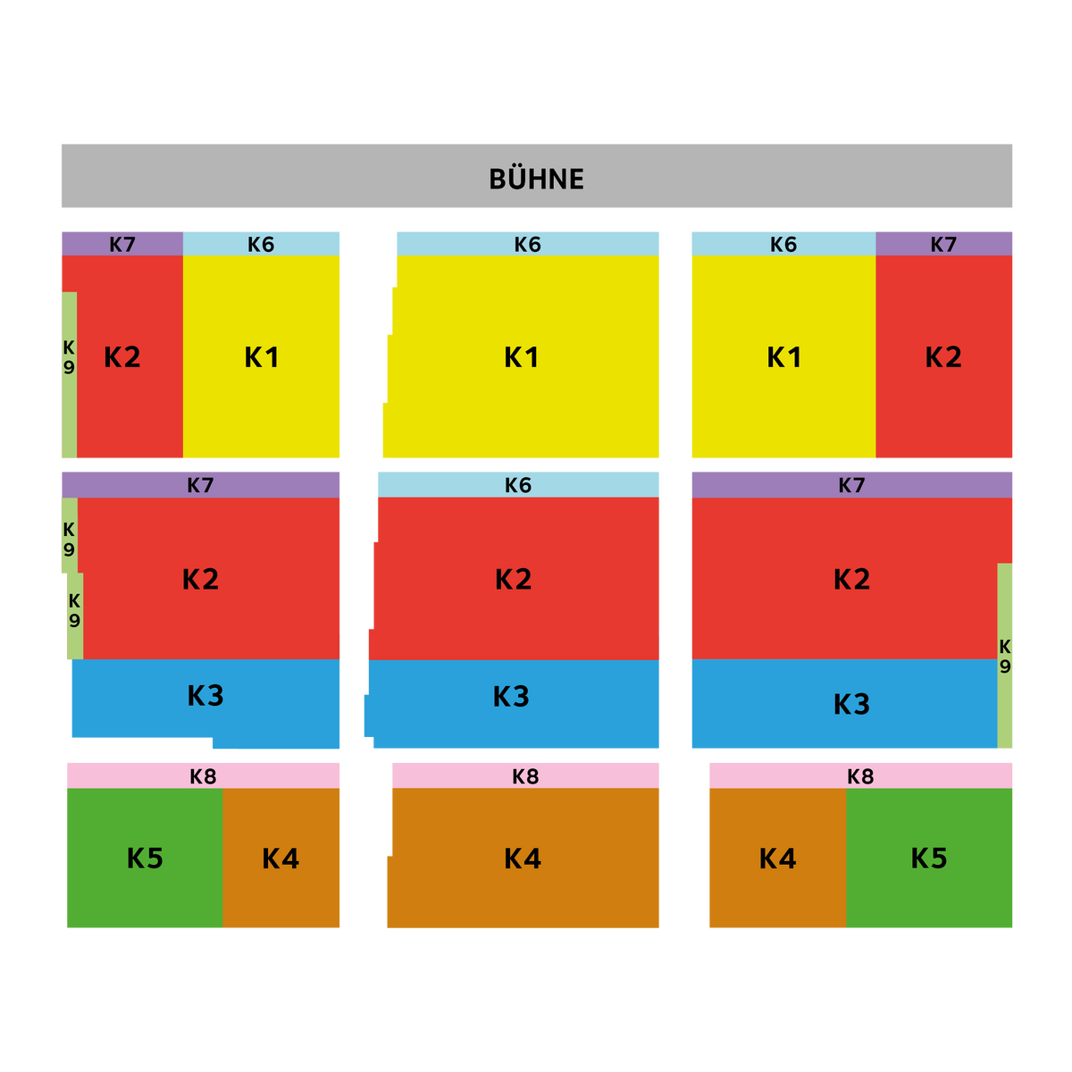 Schematische Darstellung der Sitzplätze, farblich unterteilt in die Sitzplatzkategorien